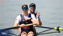 Oliver Wynne-Griffith (b), Tom George (s), Men's Pair, Great Britain, Gold, 2023 World Rowing Cup II, Varese, Italy / Detlev Seyb/MyRowingPhoto.com