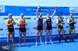 Oliver Wynne-Griffith (b), Tom George (s), Men's Pair, Great Britain, Gold, Roman Roeoesli (b), Andrin Gulich (s), Switzerland, Silver, Angus Dawson (b), Simon Keenan (s), Australia, Bronze, 2023 World Rowing Cup II, Varese, Italy / Detlev Seyb/MyRowingPhoto.com