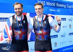 Oliver Wynne-Griffith (b), Tom George (s), Men's Pair, Great Britain, Gold, 2023 World Rowing Cup II, Varese, Italy / Detlev Seyb/MyRowingPhoto.com