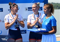 Margaux Bailleul (b), Emma Lunatti (s), Women's Double Sculls, France, Bronze, 2023 World Rowing Cup II, Varese, Italy / Detlev Seyb/MyRowingPhoto.com
