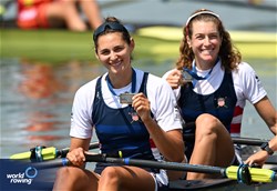 Kristina Wagner (b), Sophia Vitas (s), Women's Double Sculls, United States of America, Silver, 2023 World Rowing Cup II, Varese, Italy / Detlev Seyb/MyRowingPhoto.com