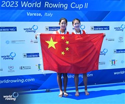 Shiyu Lu (b), Shuangmei Shen (s), Women's Double Sculls, People's Republic of China, Gold, 2023 World Rowing Cup II, Varese, Italy / Detlev Seyb/MyRowingPhoto.com