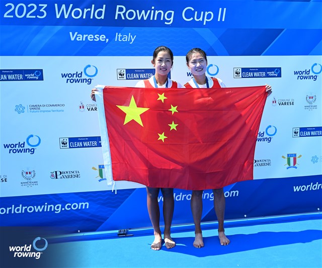 Shiyu Lu (b), Shuangmei Shen (s), Women's Double Sculls, People's Republic of China, Gold, 2023 World Rowing Cup II, Varese, Italy / Detlev Seyb/MyRowingPhoto.com