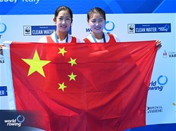 Shiyu Lu (b), Shuangmei Shen (s), Women's Double Sculls, People's Republic of China, Gold, 2023 World Rowing Cup II, Varese, Italy / Detlev Seyb/MyRowingPhoto.com