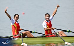 Shiyu Lu (b), Shuangmei Shen (s), Women's Double Sculls, People's Republic of China, Gold, 2023 World Rowing Cup II, Varese, Italy / Detlev Seyb/MyRowingPhoto.com