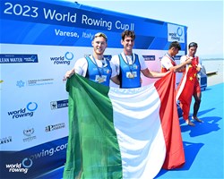 Luca Rambaldi (b), Matteo Sartori (s), Men's Double Sculls, Italy, Gold, 2023 World Rowing Cup II, Varese, Italy / Detlev Seyb/MyRowingPhoto.com