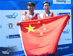 Zhiyu Liu (b), Liang Zhang (s), Men's Double Sculls, People's Republic of China, Bronze, 2023 World Rowing Cup II, Varese, Italy / Detlev Seyb/MyRowingPhoto.com