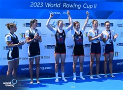 Emily Craig (b), Imogen Grant (s), Lightweight Women's Double Sculls, Great Britain, Gold, Molly Reckford (b), Michelle Sechser (s), United States of America, Silver, Laura Tarantola (b), Claire Bove (s), France, Bronze, 2023 World Rowing Cup II, Varese, Italy / Detlev Seyb/MyRowingPhoto.com