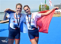 Laura Tarantola (b), Claire Bove (s), Lightweight Women's Double Sculls, France, Bronze, 2023 World Rowing Cup II, Varese, Italy / Detlev Seyb/MyRowingPhoto.com