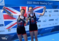 Emily Craig (b), Imogen Grant (s), Lightweight Women's Double Sculls, Great Britain, Gold, 2023 World Rowing Cup II, Varese, Italy / Detlev Seyb/MyRowingPhoto.com