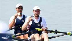 Benjamin Davison (b), Sorin Koszyk (s), Men's Double Sculls, United States of America, Silver, 2023 World Rowing Cup II, Varese, Italy / Detlev Seyb/MyRowingPhoto.com