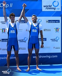 Stefano Oppo (b), Gabriel Soares (s), Lightweight Men's Double Sculls, Italy, Bronze, 2023 World Rowing Cup II, Varese, Italy / Detlev Seyb/MyRowingPhoto.com