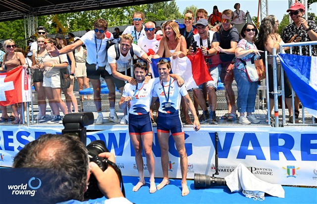 Hugo Beurey (b), Ferdinand Ludwig (s), Lightweight Men's Double Sculls, France, Silver, 2023 World Rowing Cup II, Varese, Italy / Detlev Seyb/MyRowingPhoto.com