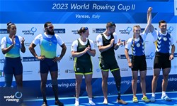 Nikki Ayers (b), Jed Altschwager (s), PR3 Mixed Double Sculls, Australia, Gold, Diana Cristina Barcelos De Oliveira (b), Valdeni Da Silva Junior (s), Brazil, Silver, Stanislav Samoliuk (b), Dariia Kotyk (s), Ukraine, Bronze, 2023 World Rowing Cup II, Varese, Italy / Detlev Seyb/MyRowingPhoto.com
