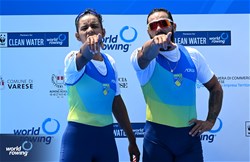 Diana Cristina Barcelos De Oliveira (b), Valdeni Da Silva Junior (s), PR3 Mixed Double Sculls, Brazil, Silver, 2023 World Rowing Cup II, Varese, Italy / Detlev Seyb/MyRowingPhoto.com