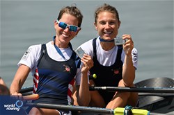 Molly Reckford (b), Michelle Sechser (s), Lightweight Women's Double Sculls, United States of America, Silver, 2023 World Rowing Cup II, Varese, Italy / Detlev Seyb/MyRowingPhoto.com