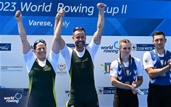 Nikki Ayers (b), Jed Altschwager (s), PR3 Mixed Double Sculls, Australia, Gold, Stanislav Samoliuk (b), Dariia Kotyk (s), Ukraine, Bronze, 2023 World Rowing Cup II, Varese, Italy / Detlev Seyb/MyRowingPhoto.com