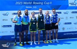 Nikki Ayers (b), Jed Altschwager (s), PR3 Mixed Double Sculls, Australia, Gold, Diana Cristina Barcelos De Oliveira (b), Valdeni Da Silva Junior (s), Brazil, Silver, Stanislav Samoliuk (b), Dariia Kotyk (s), Ukraine, Bronze, 2023 World Rowing Cup II, Varese, Italy / Detlev Seyb/MyRowingPhoto.com