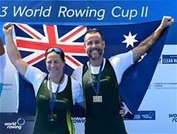 Nikki Ayers (b), Jed Altschwager (s), PR3 Mixed Double Sculls, Australia, Gold, 2023 World Rowing Cup II, Varese, Italy / Detlev Seyb/MyRowingPhoto.com