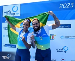 Diana Cristina Barcelos De Oliveira (b), Valdeni Da Silva Junior (s), PR3 Mixed Double Sculls, Brazil, Silver, 2023 World Rowing Cup II, Varese, Italy / Detlev Seyb/MyRowingPhoto.com