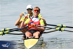 Jan Schaeuble (b), Raphael Ahumada Ireland (s), Lightweight Men's Double Sculls, Switzerland, Gold, 2023 World Rowing Cup II, Varese, Italy / Detlev Seyb/MyRowingPhoto.com
