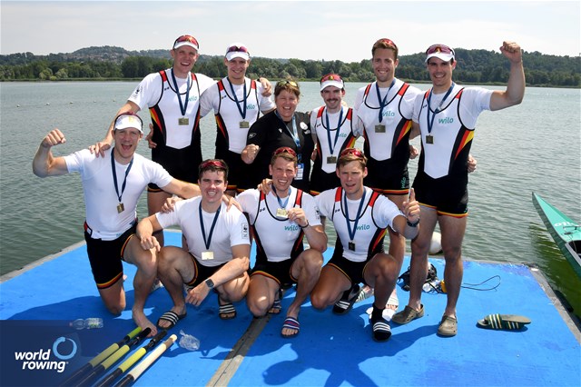 Olaf Roggensack (b), Jasper Angl, Max John, Torben Johannesen, Benedict Eggeling, Marc Kammann, Wolf-Niclas Schroeder, Mattes Schoenherr (s), Jonas Wiesen (c), Men's Eight, Germany, Bronze, 2023 World Rowing Cup II, Varese, Italy / Detlev Seyb/MyRowingPhoto.com