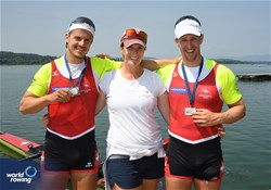 Roman Roeoesli (b), Andrin Gulich (s), Men's Pair, Switzerland, Silver, 2023 World Rowing Cup II, Varese, Italy / Maren Derlien/MyRowingPhoto.com