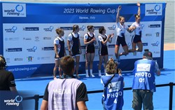 Emily Craig (b), Imogen Grant (s), Lightweight Women's Double Sculls, Great Britain, Gold, Molly Reckford (b), Michelle Sechser (s), United States of America, Silver, Laura Tarantola (b), Claire Bove (s), France, Bronze, 2023 World Rowing Cup II, Varese, Italy / Maren Derlien/MyRowingPhoto.com