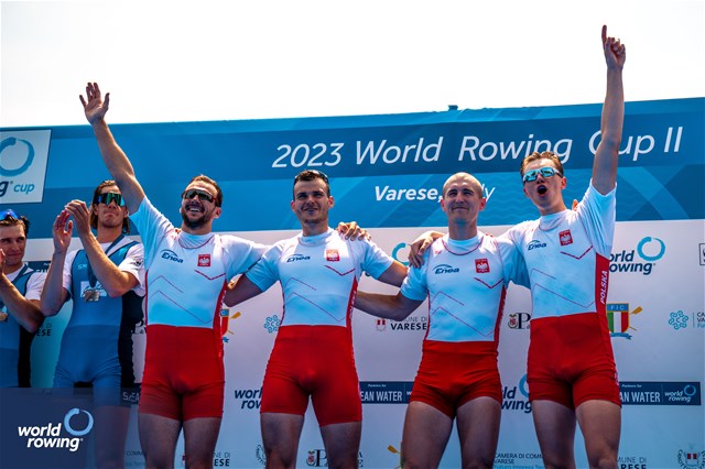 Dominik Czaja (b), Mateusz Biskup, Miroslaw Zietarski, Fabian Baranski (s), Men's Quadruple Sculls, Poland, Gold, 2023 World Rowing Cup II, Varese, Italy / World Rowing/Benedict Tufnell