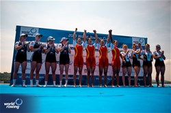 Yunxia Chen (b), Ling Zhang, Yang Lyu, Xiaotong Cui (s), Women's Quadruple Sculls, People's Republic of China, Gold, Hannah Scott (b), Georgina Megan Brayshaw, Lola Anderson, Lauren Henry (s), Great Britain, Silver, Sarah Wibberenz (b), Pia Greiten, Frauke Hundeling, Tabea Schendekehl (s), Germany, Bronze, 2023 World Rowing Cup II, Varese, Italy / World Rowing/Benedict Tufnell