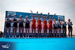 Yunxia Chen (b), Ling Zhang, Yang Lyu, Xiaotong Cui (s), Women's Quadruple Sculls, People's Republic of China, Gold, Hannah Scott (b), Georgina Megan Brayshaw, Lola Anderson, Lauren Henry (s), Great Britain, Silver, Sarah Wibberenz (b), Pia Greiten, Frauke Hundeling, Tabea Schendekehl (s), Germany, Bronze, 2023 World Rowing Cup II, Varese, Italy / World Rowing/Benedict Tufnell