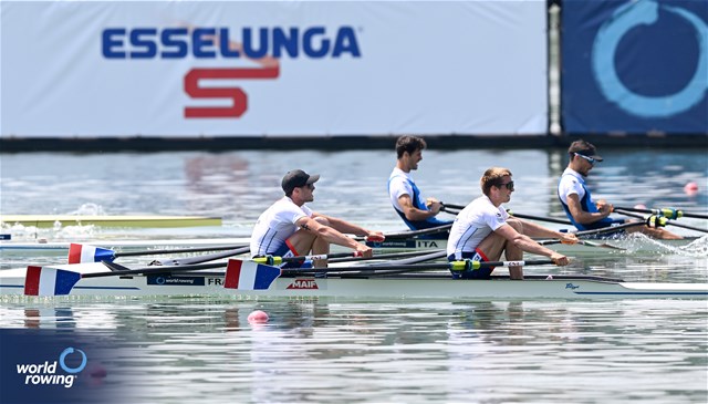 Hugo Beurey (b), Ferdinand Ludwig (s), Lightweight Men's Double Sculls, France, 2023 World Rowing Cup II, Varese, Italy / Detlev Seyb/MyRowingPhoto.com
