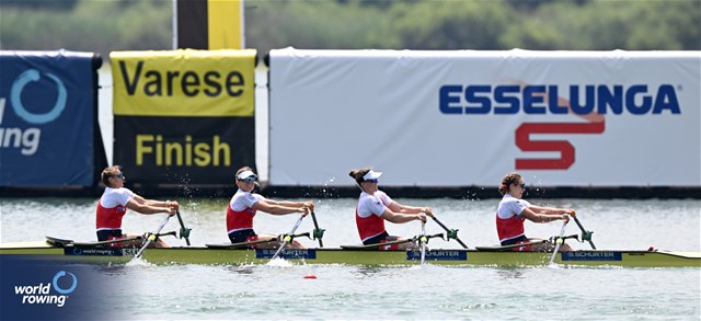 Salome Ulrich (b), Fabienne Schweizer, Pascale Walker, Lisa Loetscher (s), Women's Quadruple Sculls, Switzerland, 2023 World Rowing Cup II, Varese, Italy / Detlev Seyb/MyRowingPhoto.com