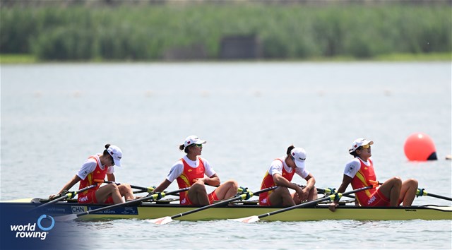 Yunxia Chen (b), Ling Zhang, Yang Lyu, Xiaotong Cui (s), Women's Quadruple Sculls, People's Republic of China, 2023 World Rowing Cup II, Varese, Italy / Detlev Seyb/MyRowingPhoto.com