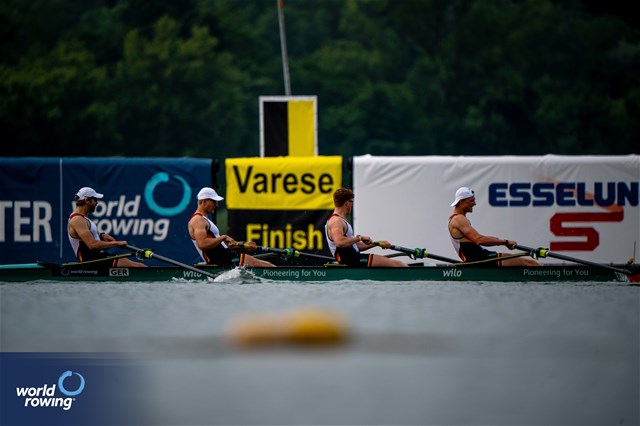 Theis Hagemeister (b), Malte Grossmann, Mark Hinrichs, Soenke Kruse (s), Men's Four, Germany, 2023 World Rowing Cup II, Varese, Italy / World Rowing/Benedict Tufnell