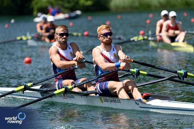 Jiri Simanek (b), Miroslav Vrastil (s), Lightweight Men's Double Sculls, Czech Republic, 2023 World Rowing Cup III, Lucerne, Switzerland / Detlev Seyb/MyRowingPhoto.com