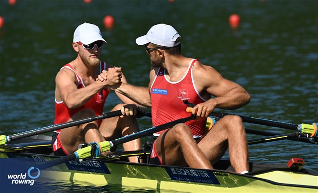 Nils Schneider (b), Jan Jonah Plock (s), Men's Double Sculls, Switzerland, 2023 World Rowing Cup III, Lucerne, Switzerland / Detlev Seyb/MyRowingPhoto.com