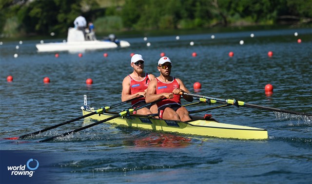 Nils Schneider (b), Jan Jonah Plock (s), Men's Double Sculls, Switzerland, 2023 World Rowing Cup III, Lucerne, Switzerland / Detlev Seyb/MyRowingPhoto.com