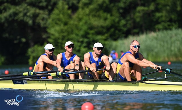 Maksym Boklazhenko (b), Oleh Kravchenko, Mykola Mazur, Sergii Gryn (s), Men's Four, Ukraine, 2023 World Rowing Cup III, Lucerne, Switzerland / Detlev Seyb/MyRowingPhoto.com