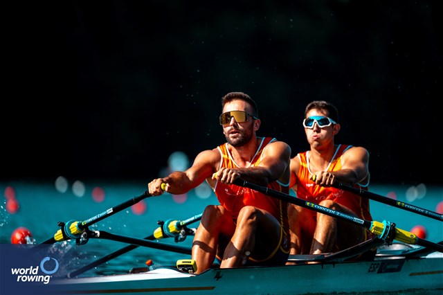 Aleix Garcia Pujolar (b), Rodrigo Conde Romero (s), Men's Double Sculls, Spain, 2023 World Rowing Cup III, Lucerne, Switzerland / World Rowing/Benedict Tufnell