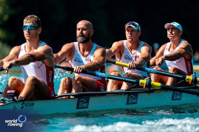 Mateusz Wilangowski (b), Lukasz Posylajka, Mikolaj Burda, Michal Szpakowski (s), Men's Four, Poland, 2023 World Rowing Cup III, Lucerne, Switzerland / World Rowing/Benedict Tufnell