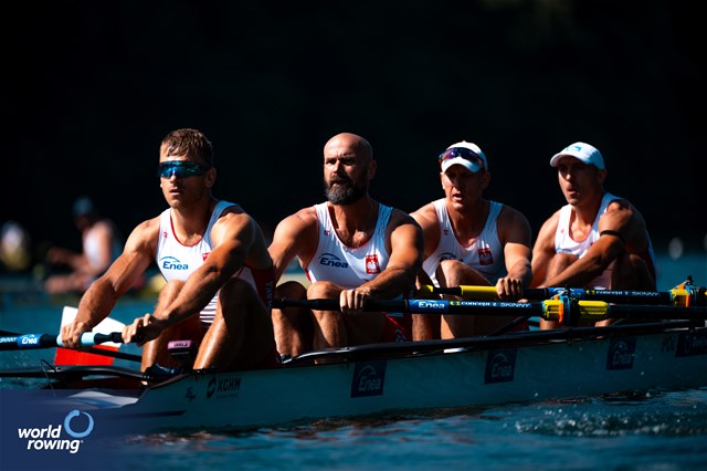 Mateusz Wilangowski (b), Lukasz Posylajka, Mikolaj Burda, Michal Szpakowski (s), Men's Four, Poland, 2023 World Rowing Cup III, Lucerne, Switzerland / World Rowing/Benedict Tufnell