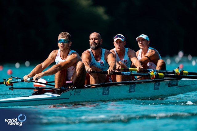 Mateusz Wilangowski (b), Lukasz Posylajka, Mikolaj Burda, Michal Szpakowski (s), Men's Four, Poland, 2023 World Rowing Cup III, Lucerne, Switzerland / World Rowing/Benedict Tufnell
