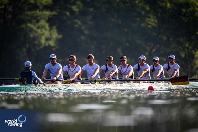 Benedict Eggeling (b), Jasper Angl, Max John, Torben Johannesen, Olaf Roggensack, Marc Kammann, Wolf-Niclas Schroeder, Mattes Schoenherr (s), Jonas Wiesen (c), Men's Eight, Germany, 2023 World Rowing Cup III, Lucerne, Switzerland / World Rowing/Benedict Tufnell