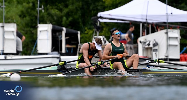 Harley Moore (b), Jack Cleary (s), Men's Double Sculls, Australia, 2023 World Rowing Cup III, Lucerne, Switzerland / Detlev Seyb/MyRowingPhoto.com