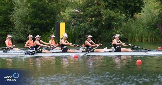 Davina Waddy (b), Ella Cossill, Jackie Gowler, Phoebe Spoors (s), Women's Four, New Zealand, 2023 World Rowing Cup III, Lucerne, Switzerland / Detlev Seyb/MyRowingPhoto.com