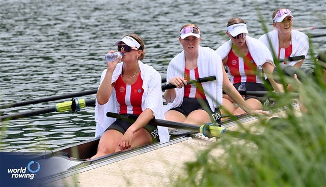 Julie Poulsen (b), Marie Skytte Hauberg Johannesen, Frida Sanggaard Nielsen, Astrid Steensberg (s), Women's Four, Denmark, 2023 World Rowing Cup III, Lucerne, Switzerland / Detlev Seyb/MyRowingPhoto.com