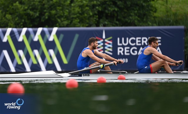 Martin Mackovic (b), Milos Vasic (s), Men's Pair, Serbia, 2023 World Rowing Cup III, Lucerne, Switzerland / Detlev Seyb/MyRowingPhoto.com