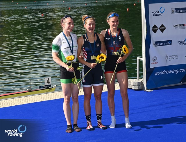 Sophia Luwis, Lightweight Women's Single Sculls, United States of America, Gold, Siobhan Mccrohan, Ireland, Silver, Olivia Bates, Great Britain, Bronze, 2023 World Rowing Cup III, Lucerne, Switzerland / Detlev Seyb/MyRowingPhoto.com