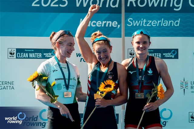 Sophia Luwis, Lightweight Women's Single Sculls, United States of America, Gold, Siobhan Mccrohan, Ireland, Silver, Olivia Bates, Great Britain, Bronze, 2023 World Rowing Cup III, Lucerne, Switzerland / World Rowing/Benedict Tufnell